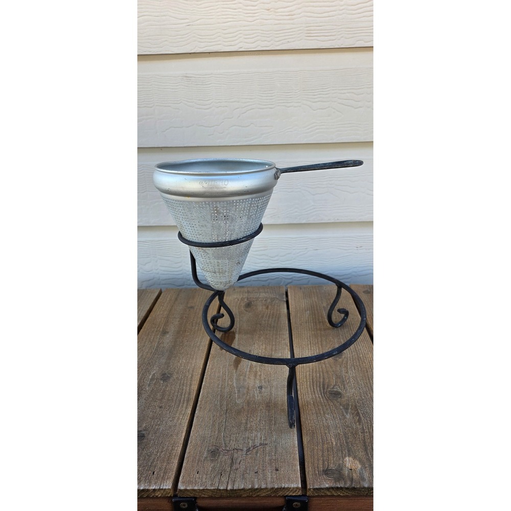 Vintage Mirro Aluminum Cone Strainer Chinois with Wrought Iron Stand Made in USA